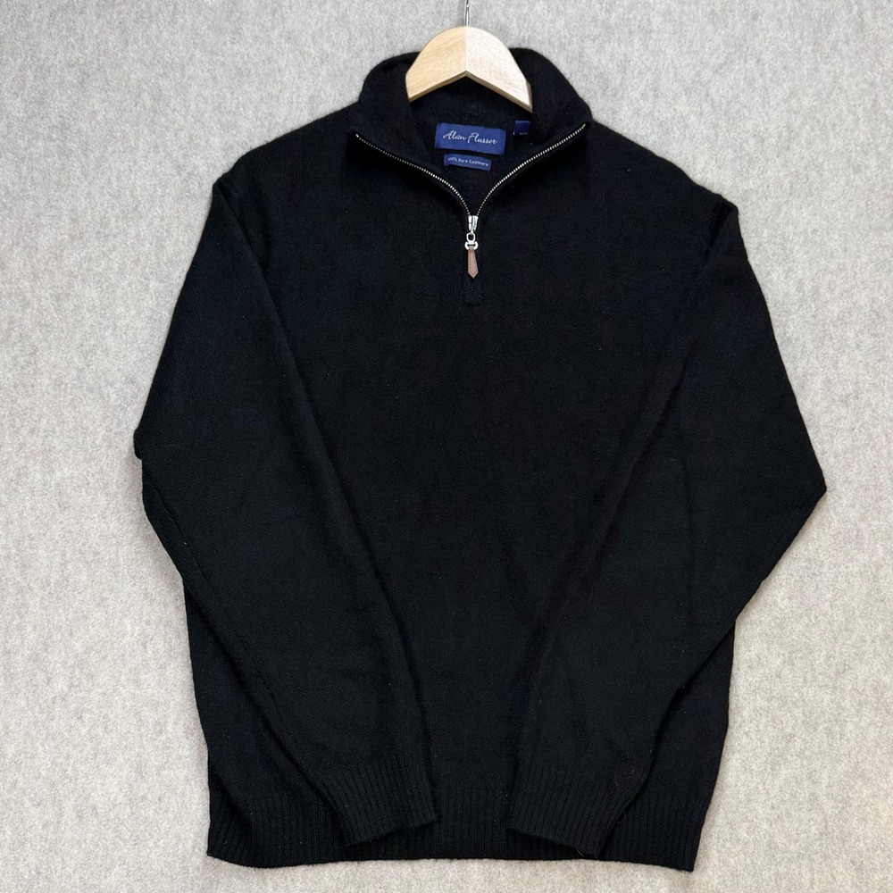Alan Flusser Mens Black 100% Pure Cashmere Quarter Zip Sweater Sz M Quiet Luxury